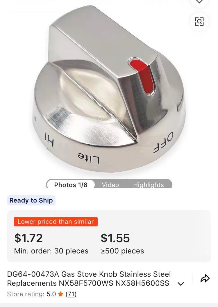 DG64-00473A Gas Stove Knob Stainless Steel Replacements